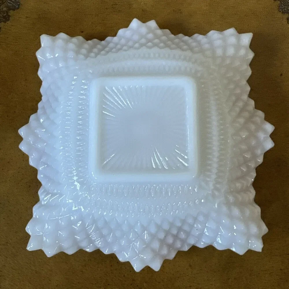 Indiana Glass Company White Glass Diamond Point‎ Square Pink Ruffle Candy Dish